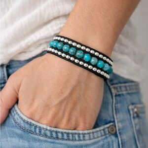 Hand Crafted Turquoise and Silver Beaded Wrap Cuff Bracelet
